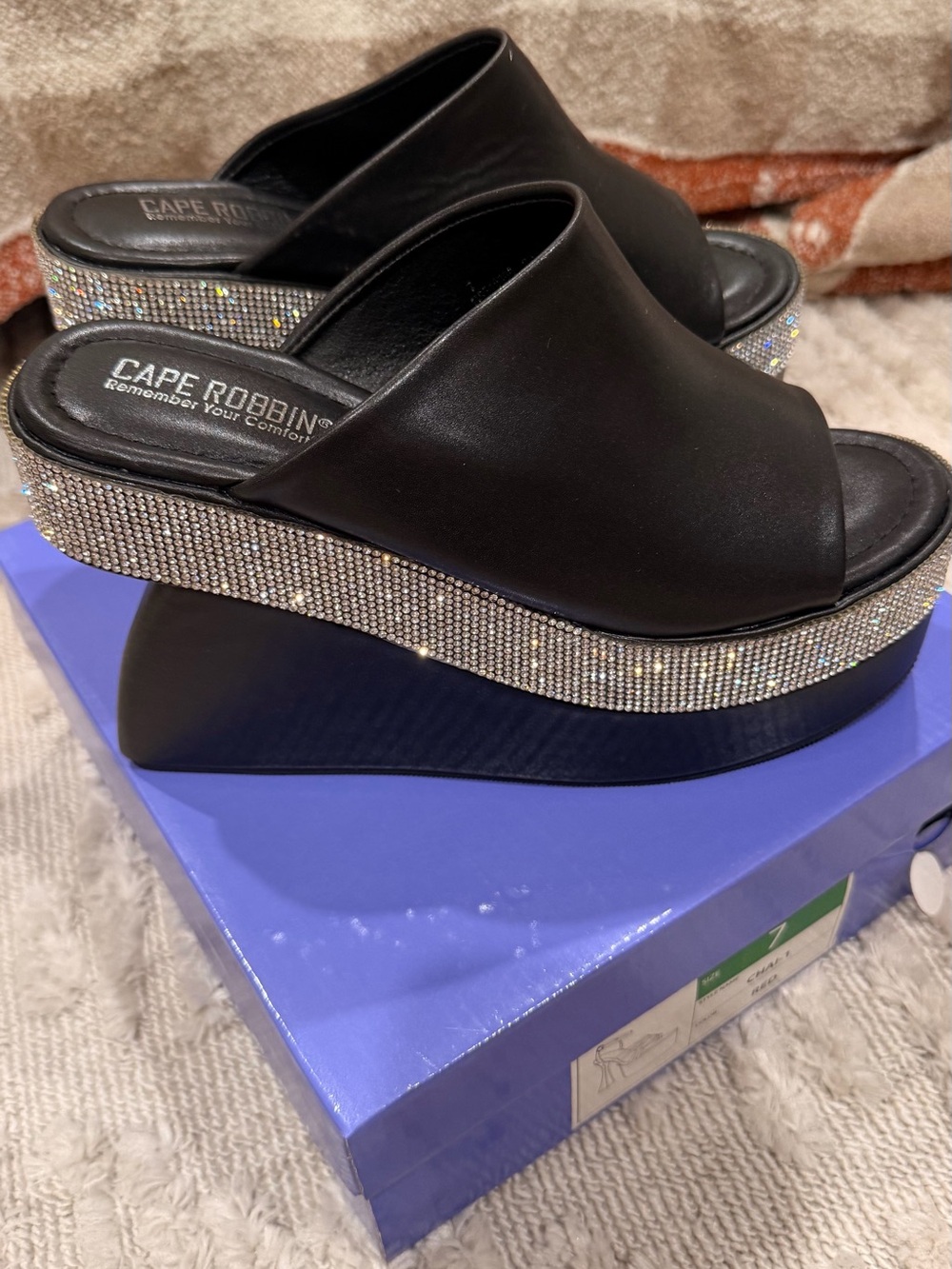 Cape Robbin Black Platform Slide Sandals with Rhinestone Trim